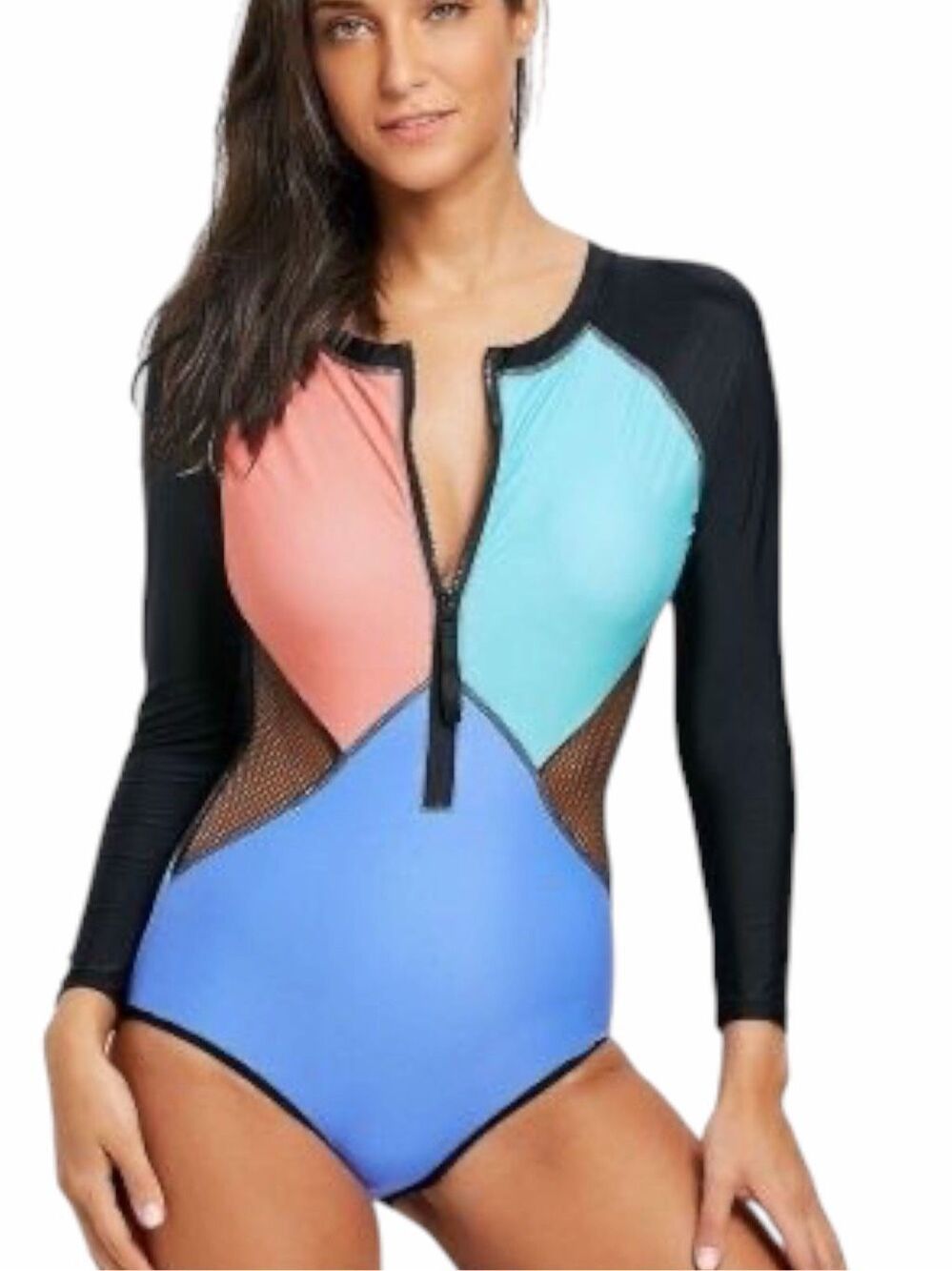 MINKPINK Colorblock Long Sleeve One Piece Swimsuit Zip Front Mesh Size Small